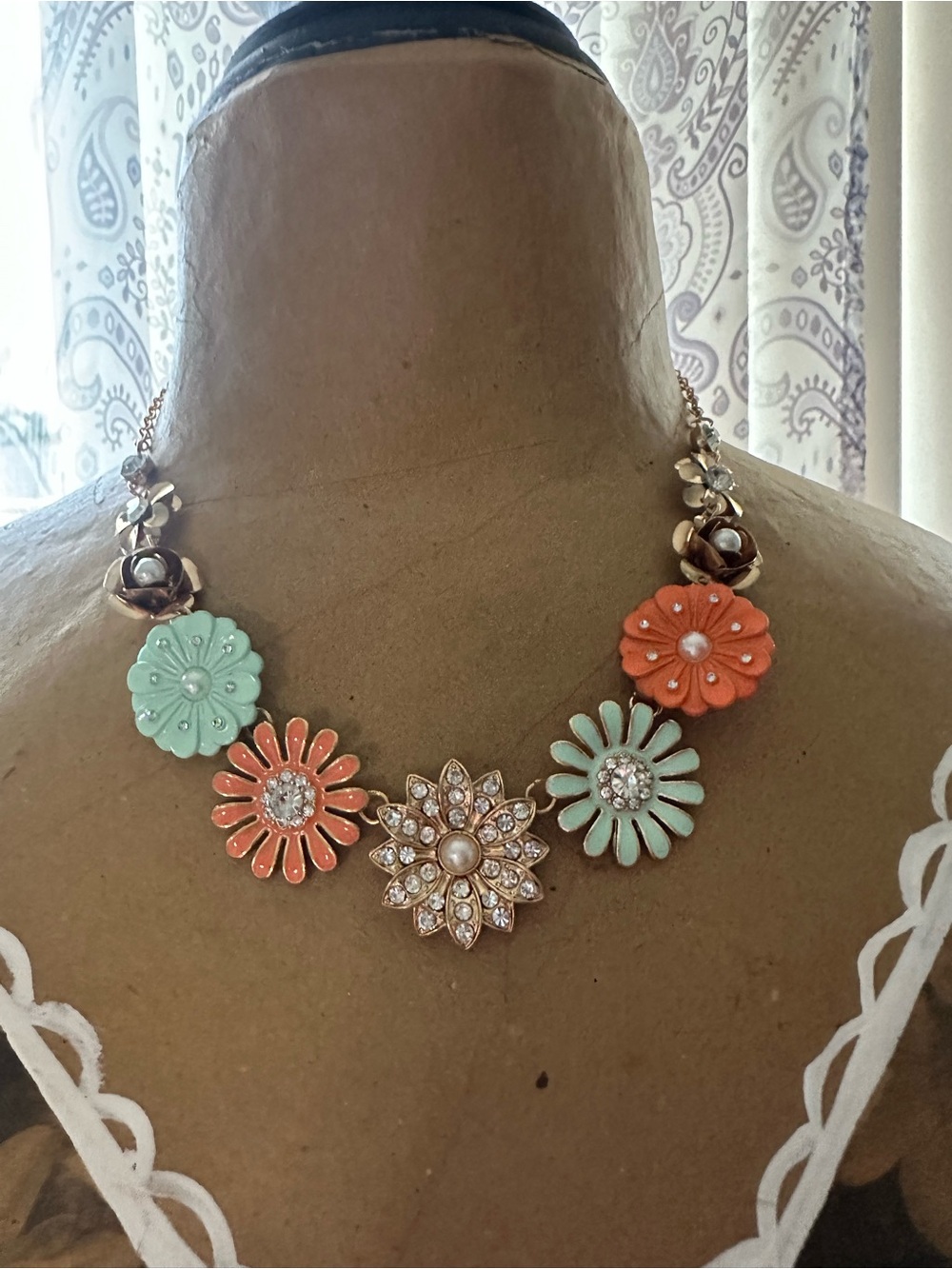 Floral Statement Necklace in Coral and Mint with Gold-Tone Accents